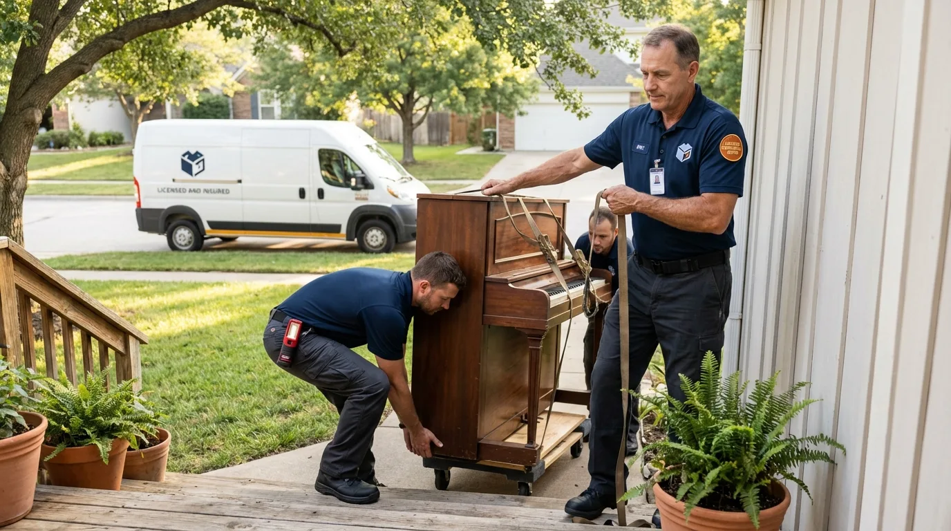 Licensed piano movers securing grand piano in Kannapolis, NC