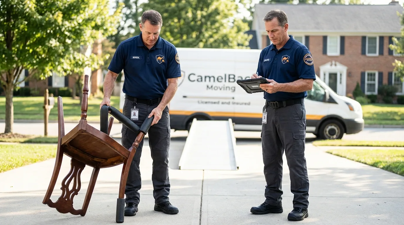 Movers inspecting furniture for damage prevention before loading in Kannapolis, NC