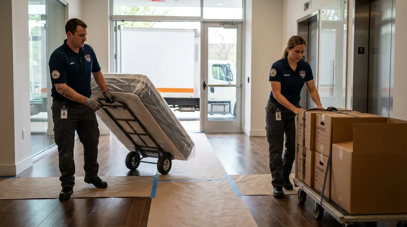 Professional apartment movers loading elevator in Kannapolis, NC